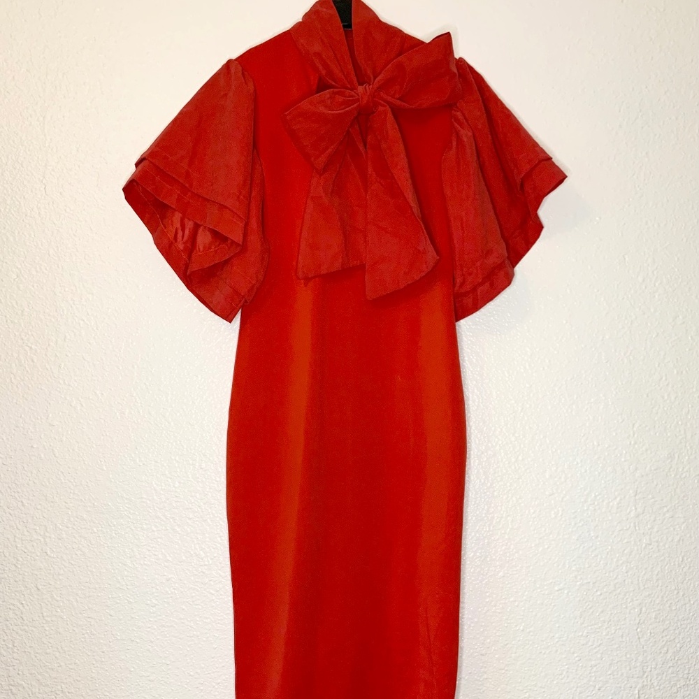 Red Bow Neck Midi Dress with Sheer Sleeves – Romantic Statement Piece